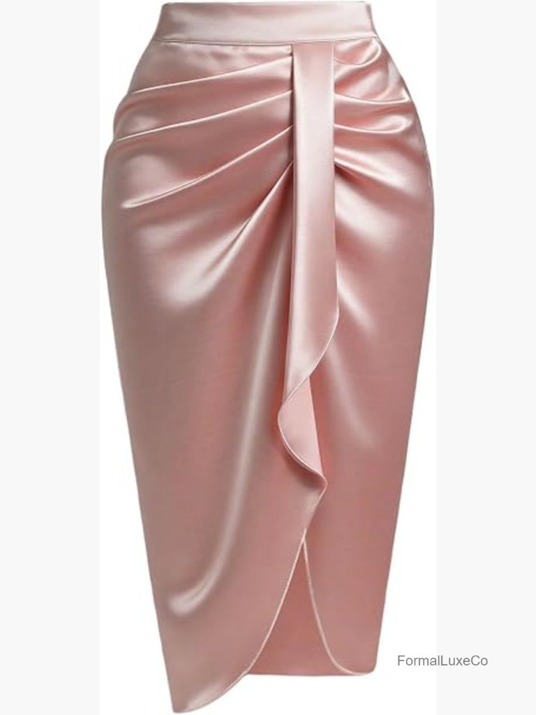 Elegant Satin Midi Pencil Skirt Wrap Asymmetrical Ruched Bodycon